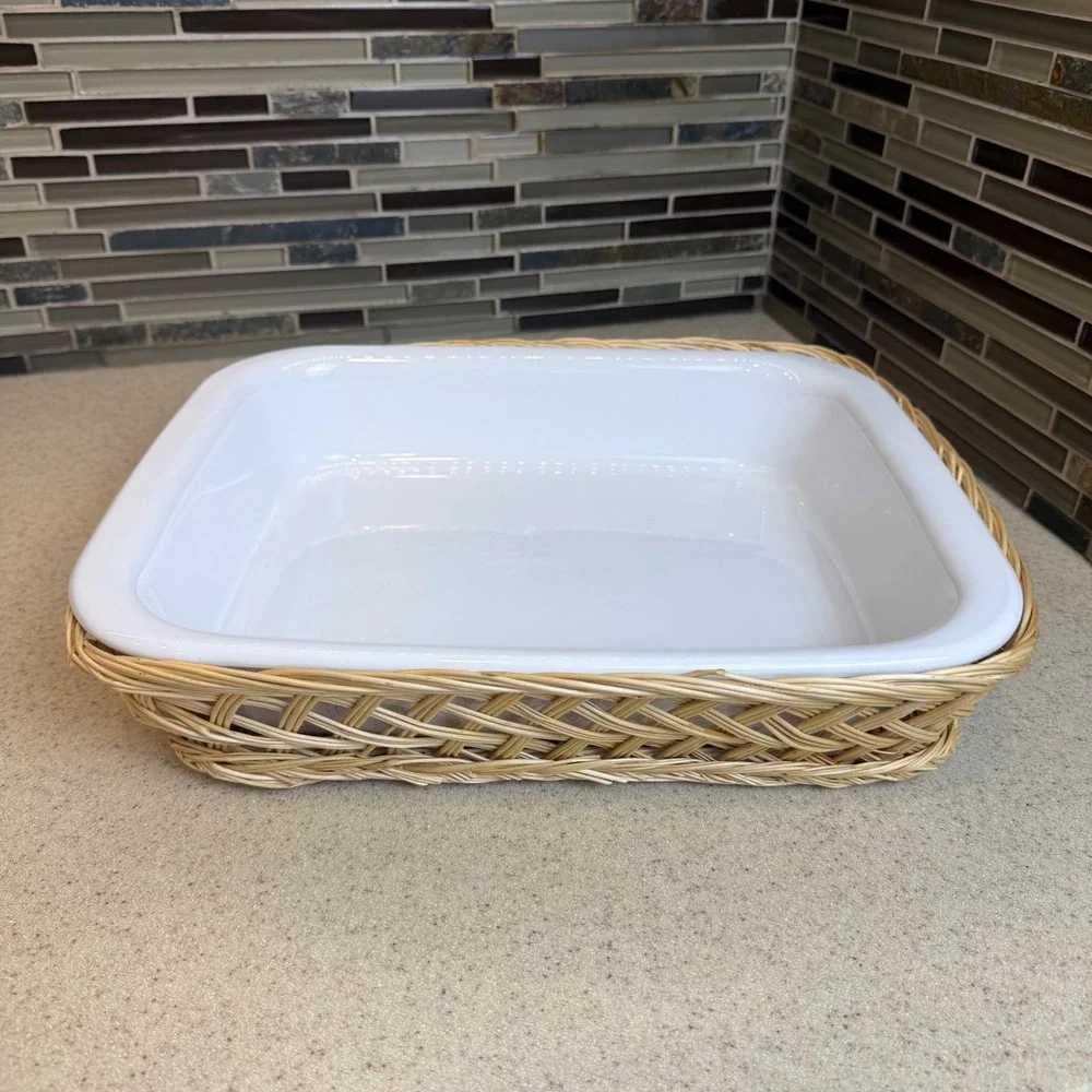 Vintage Corning Ware A-21 Pastel Bouquet Lasagna Roaster 12x10 w/ Wicker Basket